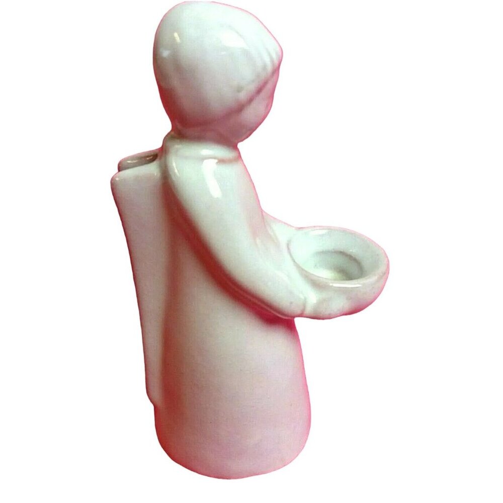Vintage White Ceramic Angel Candleholder Figurine Wing Back 4" Art Deco Style